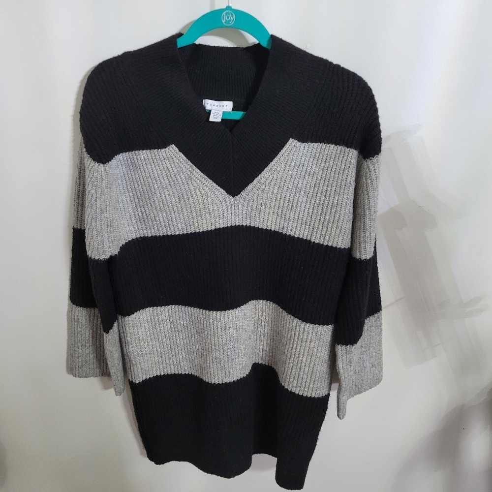 Top Shop Chunky V-Neck Stripe Sweater Dress Black & Gray, Size XS - Fits Larger